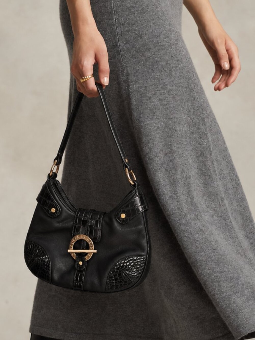 Lauren Ralph Lauren Black Leather Croc Shoulder Bag